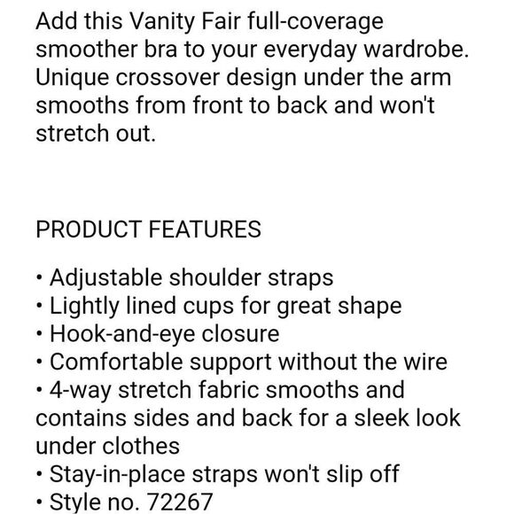 *NEW* VANITY FAIR BEAUTY BACK FULL COVERAGE  BACK SMOOTHING,  WIRE FREE SIZE 42D - Picture 9 of 12